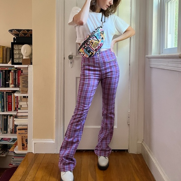 90s 70s Look Pink & Purple Plaid Bootcut Flare Leg Bell Bottom Stretch Pants - Picture 1 of 11